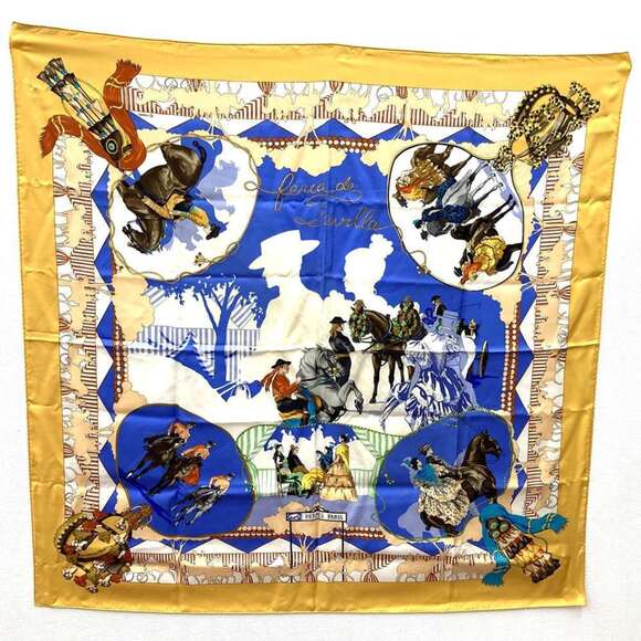 HERMES Carré 90 FERIA DE SEVILLA Seville Holidays Silk Scarf/Muffler Yellow...